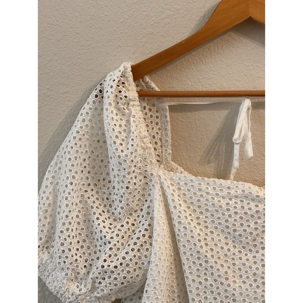 Everlane Womens Top Size L White‎ Eyelet Puff Sleeve Cotton Crop Peasant Blouse - Picture 3 of 9